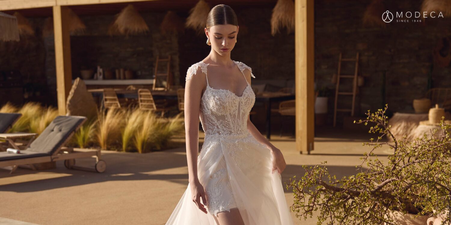 Short wedding dress with detachable overskirt by Le Papillon